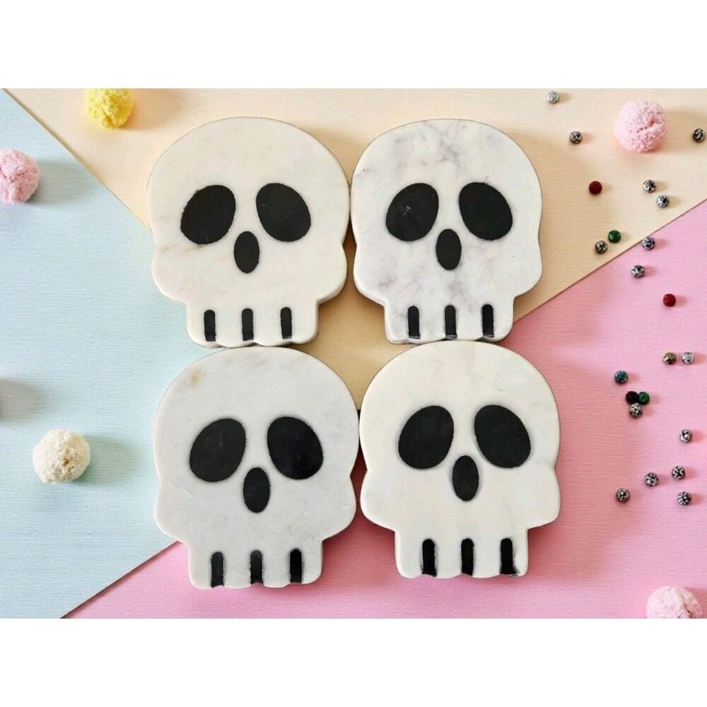 New Lots 4 Marbel Inlay Skeleton Heads Halloween Fall Spooky Drink Coasters